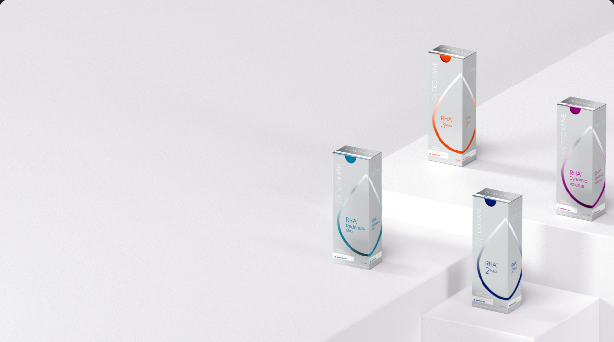Teoxane RHA® Collection boxes on background.